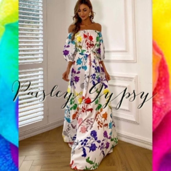 Glamorous Rainbow Floral Maxi Off the Shoulder Formal Gown - Picture 5 of 11
